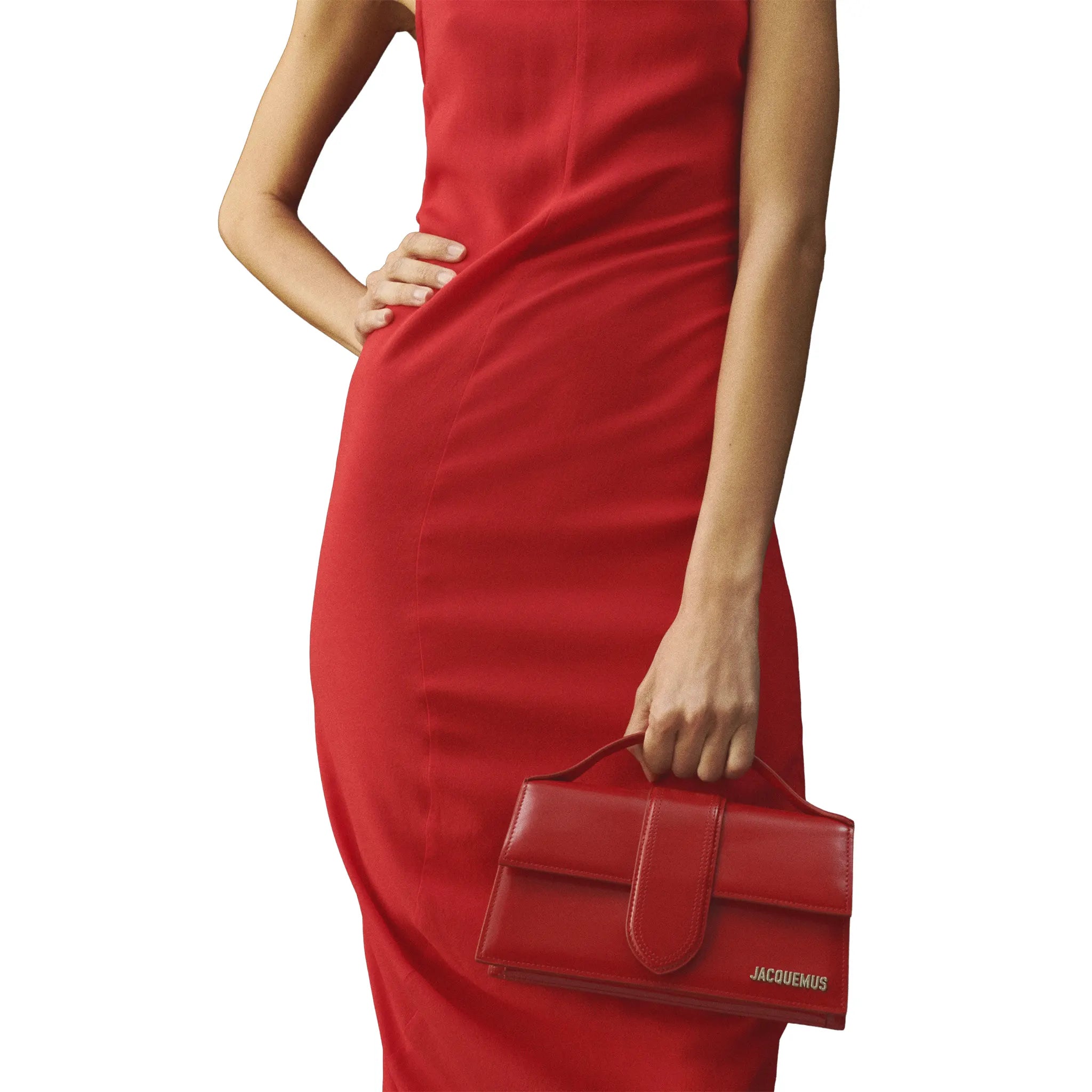 Model View of Jacquemus Large Bambino Red Crossbody Bag BAW00007AC18A01470